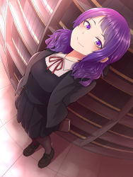 Rule 34 | 1girl, absurdres, arms behind back, black jacket, black skirt, black sweater, blush, book, bookshelf, bow, buckle, collar, commentary request, eyebrows hidden by hair, fisheye, from above, highres, holding, holding book, idolmaster, idolmaster shiny colors, indoors, jacket, library, loafers, pantyhose, purple eyes, purple hair, red bow, red neckwear, school uniform, shoes, skirt, smile, solo, standing, string tie, sweater, tanaka mamimi, tokufumi, white collar