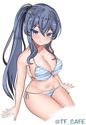 Rule 34 | absurdres, alternate breast size, alternate hairstyle, bikini, blue bikini, blue eyes, blue hair, breasts, gotland (kancolle), highres, kantai collection, large breasts, long hair, looking at viewer, mole, mole under eye, one-hour drawing challenge, ponytail, simple background, sitting, smile, striped bikini, striped clothes, swimsuit, tf cafe, white background