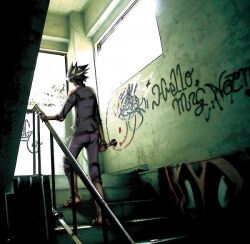 Rule 34 | 1boy, biker clothes, black hair, blood, bloody weapon, facing away, fudo yusei, graffiti, hand on railing, holding, holding wrench, on stairs, weapon, wrench, yu-gi-oh!, yu-gi-oh! 5d&#039;s