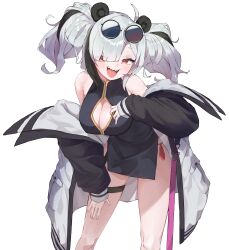 Rule 34 | 1girl, absurdres, animal ears, arknights, breasts, cleavage, cleavage cutout, clothing cutout, eyewear on head, feater (arknights), highres, jacket, multicolored hair, open clothes, open jacket, open mouth, panda ears, panda girl, red eyes, simple background, smile, solo, thigh strap, ttubbip, two-tone hair, two side up, white background