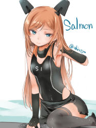 Rule 34 | 1girl, akino shuu, black gloves, black one-piece swimsuit, black thighhighs, blue eyes, character name, closed mouth, clothes writing, fingerless gloves, gloves, headgear, kantai collection, long hair, one-piece swimsuit, orange hair, salmon (kancolle), solo, swimsuit, thighhighs, twitter username, wet