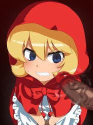 Rule 34 | 1boy, 1girl, angry, apron, blonde hair, blue eyes, bow, bowtie, bulleta, censored, clenched teeth, dark-skinned male, dark skin, dress, erection, eyebrows, frilled apron, frills, from above, gradient background, hair between eyes, highres, hood, hood up, imminent fellatio, looking at penis, mizumizuni, mosaic censoring, penis, precum, red dress, smell, solo focus, sweat, teeth, v-shaped eyebrows, vampire (game), veins, veiny penis