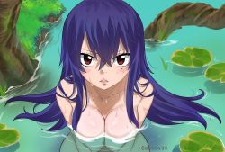 Rule 34 | 1girl, breasts, cleavage, collarbone, colorized, eden&#039;s zero, gaston18, homura kogetsu, large breasts, long hair, looking at viewer, mashima hiro, mole, mole under eye, nude, partially submerged, purple hair, red eyes, solo, water, wet