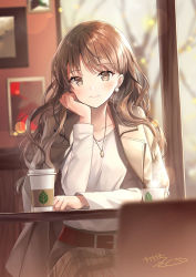 Rule 34 | 1girl, belt, breasts, brown hair, brown jacket, closed mouth, coffee cup, cup, day, disposable cup, earrings, elbow rest, head on hand, head rest, indoors, jacket, jacket on shoulders, jewelry, kagachi saku, long hair, long sleeves, medium breasts, necklace, open clothes, open jacket, shirt, sidelocks, signature, sitting, skirt, smile, table, white shirt, window