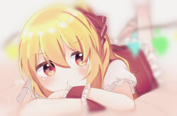 Rule 34 | 1girl, blonde hair, blurry, blurry background, blurry foreground, close-up, crossed arms, depth of field, flandre scarlet, frilled skirt, frilled sleeves, frills, hair between eyes, heart, heart-shaped pupils, highres, legs up, looking at viewer, lying, medium hair, multicolored wings, no headwear, on stomach, pout, puffy short sleeves, puffy sleeves, red eyes, red skirt, red vest, shihara hazuki 816, short sleeves, skirt, skirt set, solo, symbol-shaped pupils, touhou, vest, wings, wrist cuffs