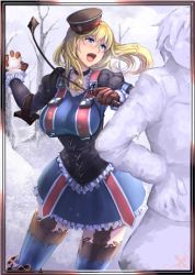 Rule 34 | 00s, 10s, 1girl, blonde hair, blue eyes, blue thighhighs, breasts, garter straps, large breasts, leila peron, long hair, lowres, military, military uniform, open mouth, outdoors, senjou no valkyria, senjou no valkyria (series), senjou no valkyria 3, snowball, solo, thighhighs, uniform