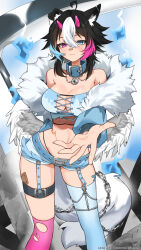 Rule 34 | 1girl, ahoge, animal ear fluff, animal ears, asymmetrical legwear, bandaid, bandaid on face, bandaid on nose, bell, belt, belt collar, black belt, black hair, blue belt, blue eyes, blue garter straps, blue shorts, blue thighhighs, breasts, chain, cleavage, closed mouth, collar, commission, cross-laced clothes, dog ears, dog girl, dog tail, ear piercing, earrings, feathered wings, fishnets, fur-trimmed shirt, fur trim, heterochromia, highres, horns, indie virtual youtuber, jakqii (vtuber), jewelry, k (art71), large breasts, low wings, midriff, mismatched legwear, mole, mole under eye, multicolored hair, neck bell, off-shoulder shirt, off shoulder, piercing, pink horns, pink thighhighs, purple eyes, scar, scar on stomach, scythe, shirt, short hair, short shorts, shorts, skeb commission, solo, tail, thigh belt, thigh strap, thighhighs, torn clothes, torn shirt, torn thighhighs, virtual youtuber, white hair, white wings, wings