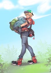 Rule 34 | 1boy, animal, animal hug, armband, bag, baseball cap, black gloves, blonde hair, blue eyes, blue sky, bulbasaur, character doll, commentary, creatures (company), day, denim, eye contact, game freak, gen 1 pokemon, gloves, hat, highres, holding, holding animal, hood, hoodie, jeans, jigglypuff, looking at another, nintendo, pants, partially fingerless gloves, poke ball, poke ball (basic), pokemon, pokemon (creature), red eyes, satchel, shoes, short sleeves, sky, smile, sneakers, toxxy, walking, watch, wristwatch
