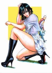 Rule 34 | 1boy, 1girl, absurdres, bald, black hair, boots, denim, earrings, food, fubuki (one-punch man), full body, green eyes, high heel boots, high heels, highres, hood, hoodie, jewelry, legs, lipstick, looking at viewer, louboutins, makeup, one-punch man, saitama (one-punch man), shirt, simple background, skirt, smile, thick thighs, thighs, vegetable, white shirt, white skirt