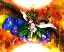 Rule 34 | 1girl, arm cannon, asymmetrical clothes, asymmetrical footwear, bow, brown hair, cape, female focus, hair bow, mismatched footwear, oso (toolate), red eyes, reiuji utsuho, solo, touhou, weapon, wings