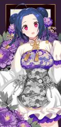 Rule 34 | 1girl, 72producer, absurdres, ahoge, blue dress, blue hair, braid, breasts, cowboy shot, double bun, dress, floral background, floral print, flower, frilled dress, frills, hair flower, hair ornament, hair stick, highres, idolmaster, idolmaster (classic), large breasts, leaf, long sleeves, looking at viewer, miura azusa, multicolored clothes, multicolored dress, open mouth, patterned clothing, pink eyes, purple dress, purple flower, purple rose, red eyes, rose, round teeth, short hair, sleeves past wrists, solo, tassel, teeth, twin braids, white dress