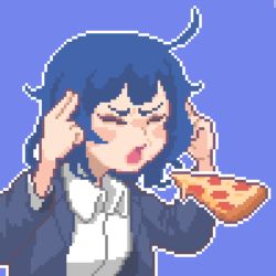 Rule 34 | 1girl, ahoge, blue background, blue hair, collared shirt, commentary, concentrating, english commentary, closed eyes, floating, food, furrowed brow, hcnone, jacket, levitation, man levitating pizza (meme), meme, mundane utility, open mouth, original, pixel art, pizza, pizza slice, shirt, short hair, simple background, skye (hcnone), solo, telekinesis, upper body