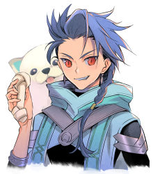 Rule 34 | 1boy, asymmetrical hair, black bodysuit, blue hair, bodysuit, bodysuit under clothes, bone, braid, cu chulainn (fate), dog, earrings, fate/grand order, fate/grand order arcade, fate (series), grin, hair over shoulder, holding, holding bone, hood, jewelry, kassan (kassan 5a), looking at viewer, male focus, red eyes, samoyed (dog), setanta (fate), simple background, slit pupils, smile, solo, white background