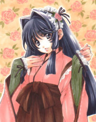 Rule 34 | 1girl, \||/, black ribbon, blue eyes, blue hair, fair lady, fingernails, floral background, flower, hair intakes, hairband, hakama, hakama skirt, hand on own chest, hand up, japanese clothes, kimono, lace-trimmed sleeves, lace trim, leaf, long hair, lowres, matching hair/eyes, original, outline, ribbon, rose, sidelocks, skirt, solo