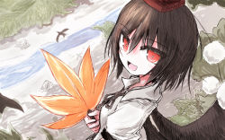 Rule 34 | bad id, bad pixiv id, bird, black hair, black wings, collared shirt, from above, hat, highres, holding, leaf, looking at viewer, looking back, open mouth, pom pom (clothes), puffy sleeves, red eyes, river, rock, scenery, shameimaru aya, shirt, short hair, short sleeves, smile, solo, tokin hat, touhou, tsuzuku (hayamisyoto), wings