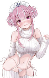 1girl absurdres alternate_costume blue_hair blush breasts colored_inner_hair commentary_request detached_sleeves hair_bun highres hololive large_breasts long_hair looking_at_viewer meme_attire minato_aqua multicolored_hair navel open_mouth oyuharu panties pink_hair purple_eyes purple_hair ribbed_panties ribbed_sleeves ribbed_thighhighs solo streaked_hair sweater turtleneck two-tone_hair underwear virgin_destroyer_sweater virtual_youtuber