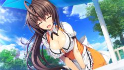 Rule 34 | 1girl, apron, asami asami, ashiya suzuka, blush, bow, bowtie, breasts, brown hair, cleavage, cloud, detached collar, closed eyes, female focus, game cg, highres, large breasts, leaning forward, long hair, open mouth, ponytail, pretty x cation 2, sky, smile, solo, standing, sunlight, table, tree, umbrella, uniform, waist apron, waitress
