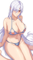 Rule 34 | 1girl, absurdres, arknights, bare arms, bare shoulders, barefoot, blue panties, blush, bra, breasts, cleavage, closed mouth, freed turing, gladiia (arknights), groin, hair over one eye, highres, large breasts, long hair, looking at viewer, navel, nippleless clothes, nipples, panties, pointy ears, purple bra, red eyes, silver hair, simple background, sitting, skindentation, smile, solo, stomach, thighs, underwear, underwear only, very long hair, wariza, white background