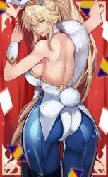 Rule 34 | 1girl, absurdres, animal ears, arm up, artoria pendragon (all), artoria pendragon (fate), artoria pendragon (swimsuit ruler) (fate), ass, back, bare shoulders, bareback, blonde hair, blue pantyhose, braid, breasts, card, detached collar, fake animal ears, fate/grand order, fate (series), feather boa, fishnet pantyhose, fishnets, french braid, green eyes, hair between eyes, highleg, highleg leotard, highres, large breasts, leotard, long hair, looking at viewer, looking back, pantyhose, parted lips, playboy bunny, playing card, ponytail, rabbit ears, rabbit tail, sideboob, sidelocks, smile, solo, sparkle, tail, thighs, tiara, white leotard, wrist cuffs, yoshio (55level)