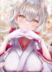 Rule 34 | 1girl, blush, breasts, closed mouth, commentary request, commission, gendou pose, gloves, grey hair, hair tubes, hands clasped, head rest, highres, interlocked fingers, japanese clothes, large breasts, looking at viewer, miko, mole, mole under eye, original, own hands clasped, own hands together, portrait, seta (seta105), short hair with long locks, sidelocks, skeb commission, solo, white gloves, yellow eyes