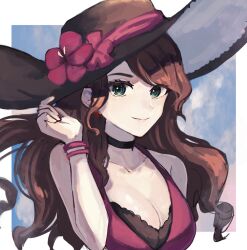 Rule 34 | 1girl, bare arms, bare shoulders, bikini, black choker, black hat, blue eyes, breasts, brown hair, choker, cleavage, commentary request, dorothea arnault, dorothea arnault (summer), fire emblem, fire emblem: three houses, fire emblem heroes, flower, hat, hat flower, highres, large breasts, leon0630claude, long hair, looking at viewer, nintendo, official alternate costume, purple bikini, purple flower, smile, solo, sun hat, swimsuit, upper body