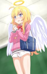 Rule 34 | 10s, 1girl, ahoge, angel, angel wings, bag, blonde hair, blue eyes, blush, bow, bow panties, ceiling, gabriel dropout, gabriel tenma white, hair between eyes, halo, highres, indoors, long hair, long sleeves, no pants, open mouth, own hands together, panties, pantyshot, red bow, shiny skin, sincos, solo, standing, thighs, underwear, white panties, wings