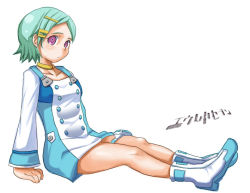Rule 34 | 00s, 1girl, ankle boots, anklet, blush, boots, buttons, choker, collarbone, dress, eureka (eureka seven), eureka seven, eureka seven (series), full body, green hair, jewelry, long sleeves, pink eyes, sasago kaze, short hair, simple background, sitting, solo, translation request, white background, white dress, white footwear
