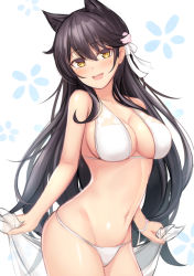 Rule 34 | 1girl, :d, animal ears, atago (azur lane), atago (summer march) (azur lane), azur lane, bad id, bad pixiv id, bare arms, bare shoulders, bikini, black hair, blush, breasts, cat ears, cleavage, collarbone, commentary request, cowboy shot, floral background, flower, hair between eyes, hair flower, hair ornament, hair ribbon, head tilt, holding, large breasts, long hair, looking at viewer, mole, mole under eye, mutsuba fumi, navel, open mouth, ribbon, shawl, smile, solo, stomach, straight hair, swimsuit, teeth, upper teeth only, very long hair, white background, white bikini, white ribbon, wristband, yellow eyes