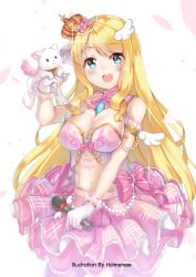 Rule 34 | 1girl, absurdres, bell, blonde hair, blue eyes, blush, bow, breasts, cat, cleavage, collar, crown, highres, holding, holding microphone, holmemee, large breasts, long hair, looking at viewer, microphone, navel, neck bell, open mouth, original, pink bow, smile, solo, teeth