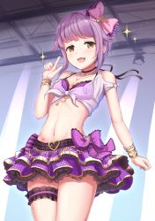 Rule 34 | 1girl, :3, :d, bare shoulders, belt, bikini, bikini top only, black choker, blush, bow, bracelet, breasts, bridal garter, choker, commentary request, cowboy shot, crop top, from below, front-tie top, hair bow, hair intakes, heart, heart tattoo, idolmaster, idolmaster cinderella girls, idolmaster cinderella girls starlight stage, jewelry, koshimizu sachiko, lace, lace-trimmed bikini, lace-trimmed skirt, lace trim, layered skirt, light particles, looking at viewer, manda (manda9n), miniskirt, navel, necklace, open mouth, pendant, pink bow, pointing, pointing up, polka dot, polka dot bikini, polka dot bikini top, polka dot skirt, purple bikini, purple bow, purple hair, purple skirt, see-through, sidelocks, skirt, small breasts, smile, solo, sparkle, stage, stage lights, standing, stomach, striped, striped bow, swimsuit, tattoo, yellow eyes