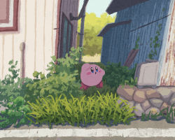 Rule 34 | abandoned, blush, bush, day, grass, house, kirby, kirby (series), kirby and the forgotten land, looking to the side, miclot, nintendo, open mouth, outdoors, road, rock, shadow, solo, sparkling eyes, stone wall, street, town, tree, tube, wall