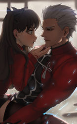 Rule 34 | 1boy, 1girl, abs, archer (fate), artist name, backlighting, black eyes, black ribbon, blue eyes, blurry, blurry background, blush, brown eyes, brown hair, closed mouth, command spell, depth of field, eye contact, fate/stay night, fate (series), from side, girl on top, hair ribbon, hand on another&#039;s chin, hetero, highres, leaning back, light particles, long hair, long sleeves, looking at another, manly, novcel, parted lips, profile, red sweater, ribbon, silver hair, skin tight, smile, straddling, sweater, tassel, thighhighs, tohsaka rin, two side up, upper body, upright straddle, v-shaped eyebrows