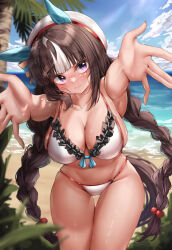 Rule 34 | 1girl, absurdres, animal ears, armpits, arms up, beach, beckoning, bikini, blurry, blurry foreground, blush, braid, breasts, brown hair, closed mouth, cowboy shot, dappled sunlight, day, ear covers, fingernails, frilled bikini, frills, furrowed brow, hair bobbles, hair ornament, hat, head tilt, highres, hokko tarumae (umamusume), horse ears, horse girl, horse tail, large breasts, long hair, low-tied long hair, multicolored hair, ocean, outdoors, outstretched arms, outstretched hand, purple eyes, reaching, reaching towards viewer, sand, shiny skin, skindentation, solo, sunlight, swimsuit, tabunshake, tail, thigh gap, twin braids, two-tone hair, umamusume, very long hair, water, white hair