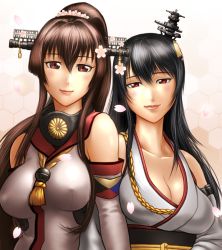 Rule 34 | 10s, 2girls, black hair, breasts, brown eyes, brown hair, cleavage, detached sleeves, covered erect nipples, eyebrows, eyelashes, flower, fusou (kancolle), hair flower, hair ornament, headgear, japanese clothes, kantai collection, large breasts, lips, long hair, looking at viewer, miko, multiple girls, obi, ponytail, red eyes, sash, sidelocks, taikyokuturugi, upper body, yamato (kancolle)