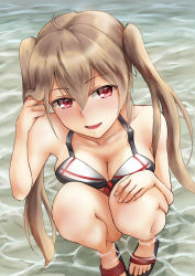 Rule 34 | 10s, 1girl, absurdres, ahoge, bikini, black ribbon, blush, breasts, cleavage, collarbone, flip-flops, from above, hair flip, hair ribbon, highres, kantai collection, kokuzou, light brown hair, long hair, medium breasts, murasame (kancolle), open mouth, partially submerged, red eyes, ribbon, sandals, smile, solo, squatting, swimsuit, twintails, water