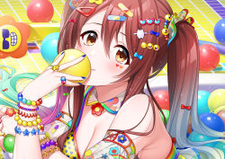 1girl absurdres blush breasts highres idolmaster idolmaster_shiny_colors large_breasts looking_at_viewer mikapoe osaki_tenka red_hair swimsuit twintails yellow_eyes