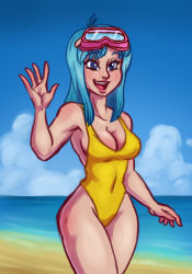 Rule 34 | 1girl, artist request, bare shoulders, beach, blue eyes, blue hair, blue sky, bouncing breasts, breasts, casual one-piece swimsuit, cleavage, curvy, derivative work, diving mask, diving mask on head, dragon ball, dragonball z, goggles, goggles on head, highleg, highleg swimsuit, highres, long hair, looking at viewer, maron (dragon ball), maron redraw challenge (meme), meme, meme attire, one-piece swimsuit, salute, screenshot redraw, shiny skin, sky, smile, swimsuit, water, wide hips, yellow one-piece swimsuit