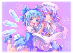 Rule 34 | 2girls, :3, :d, blue eyes, blue hair, blush, cirno, dress, fang, holding hands, hat, highres, ice, ice wings, letty whiterock, looking at viewer, multiple girls, open mouth, renaoka, short hair, skirt, smile, snowflakes, touhou, wings