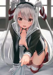 Rule 34 | 10s, 1girl, absurdres, all fours, amatsukaze (kancolle), blush, breasts, brown eyes, clothes grab, fang, gloves, hair ornament, hairband, hat, highres, kantai collection, mini hat, mono (sunegey), no bra, open clothes, open mouth, red thighhighs, shirt tug, silver hair, single glove, small breasts, solo focus, suspenders, tears, thighhighs, twintails, two side up, white gloves