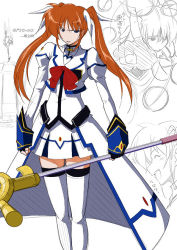 Rule 34 | 00s, 1girl, bow, colorized, cool your head, fingerless gloves, fue (rhomphair), gloves, lyrical nanoha, magazine (weapon), magical girl, mahou shoujo lyrical nanoha, mahou shoujo lyrical nanoha strikers, purple eyes, raising heart, red bow, red hair, sketch, solo, takamachi nanoha, thighhighs, translated, twintails, waist cape, white devil