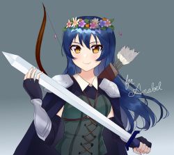 Rule 34 | 1girl, alternate costume, armor, black gloves, blue hair, blush, bow (weapon), brown eyes, closed mouth, fingerless gloves, gloves, head wreath, highres, holding, holding sword, holding weapon, long hair, looking at viewer, love live!, love live! school idol project, smile, solo, sonoda umi, sweetie cyanide, sword, upper body, weapon