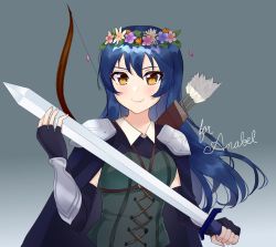 1girl alternate_costume armor black_gloves blue_hair blush bow_(weapon) brown_eyes closed_mouth fingerless_gloves gloves head_wreath highres holding holding_sword holding_weapon long_hair looking_at_viewer love_live! love_live!_school_idol_project smile solo sonoda_umi sweetie_cyanide sword upper_body weapon