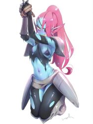 Rule 34 | armor, arms up, bikini, black bikini, blush, bound, hands up, midriff, noah (tettsui-sole), ponytail, sweat, swimsuit, tears, tied up, torn clothes, undertale, undyne