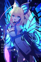 Rule 34 | 1girl, antenna hair, azure striker gunvolt, blonde hair, breasts, butterfly hair ornament, cleavage, copyright name, dated, detached sleeves, dress, energy wings, glowing, green eyes, gunvolt records cychronicle, hair ornament, highres, idol, large breasts, lololotton, long sleeves, looking at viewer, lumen (gunvolt), multicolored hair, pink hair, release celebration, solo, standing, white dress