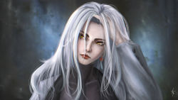 Rule 34 | 1girl, black shirt, closed mouth, collarbone, dindsau, earrings, girls&#039; frontline, hand in own hair, highres, jewelry, lady grey (girls&#039; frontline), lips, long hair, looking away, open clothes, open robe, paradeus, robe, shirt, silver hair, simple background, solo, turtleneck, upper body, white robe, yellow eyes