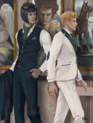 Rule 34 | 2boys, artist name, belt, black hair, blonde hair, blue pants, bob cut, braid, bruno bucciarati, buttons, commentary request, danart14020, drawing (object), formal, giorno giovanna, green eyes, green necktie, hair ornament, hairclip, hand in pocket, highres, holding, holding clothes, holding jacket, indoors, jacket, jojo no kimyou na bouken, long hair, long sleeves, looking to the side, male focus, multiple boys, necktie, pants, realistic, shirt, suit, vento aureo, vest, watch, white jacket, white pants, white shirt, white suit, wristwatch