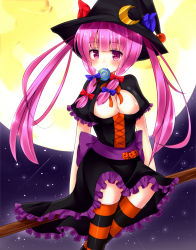 Rule 34 | 1girl, absurdres, alternate hairstyle, bekotarou, breasts, broom, candy, cleavage, crescent, dress, fang, female focus, food, full moon, hair ribbon, halloween, hat, highres, jack-o&#039;-lantern, large breasts, lollipop, long hair, moon, mouth hold, night, patchouli knowledge, purple eyes, purple hair, ribbon, socks, solo, striped clothes, striped socks, striped thighhighs, thighhighs, touhou, twintails, witch hat