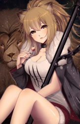 Rule 34 | 1girl, animal ear fluff, animal ears, arknights, artist name, bare legs, black choker, black jacket, black nails, blush, breasts, brown eyes, candy, choker, cleavage, commentary, feet out of frame, food, fur-trimmed jacket, fur-trimmed shorts, fur collar, fur trim, glint, hair between eyes, hammer, hand up, highres, holding, holding food, jacket, kamaniki, large breasts, light brown hair, light particles, lion, lion ears, lips, lollipop, long hair, long sleeves, looking at viewer, nail polish, open clothes, open jacket, parted lips, ponytail, red shorts, shirt, short shorts, shorts, siege (arknights), sitting, t-shirt, thighs, watermark, white shirt, zipper