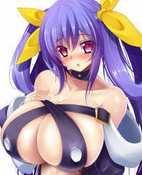 Rule 34 | 1girl, bad id, bad pixiv id, bare shoulders, blue hair, blush, bow, breasts, cleavage, dizzy (guilty gear), guilty gear, hair bow, huge breasts, looking at viewer, mikan (5555), parted lips, pink eyes, simple background, solo, sweat, white background
