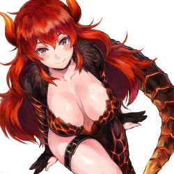 Rule 34 | 1girl, belt collar, black collar, blush, breasts, breasts apart, brown eyes, buckle, closed mouth, collar, collarbone, commentary request, dola (1st costume) (nijisanji), dola (nijisanji), dragon girl, dragon horns, dragon tail, from above, fur collar, hair between eyes, horns, large breasts, long hair, looking at viewer, looking up, navel, nijisanji, red hair, scales, shiny skin, shu-mai, simple background, sitting, smile, solo, tail, thigh strap, virtual youtuber, white background